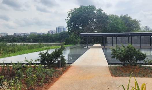 Water wall court with water falls and infinity pool
