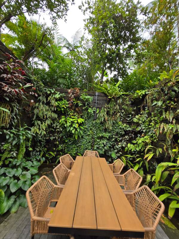 Green walls with tropical epiphytes in a sunken garden carved into existing mounds