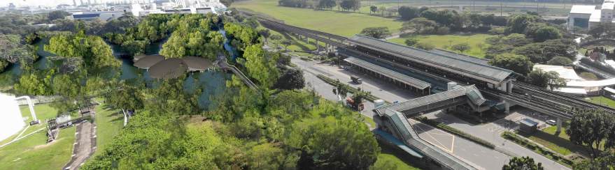 A new visitor centre at the start of a mangrove river created from naturalizing a concrete canal